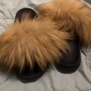 UGG Black and Tan Fur Sandals